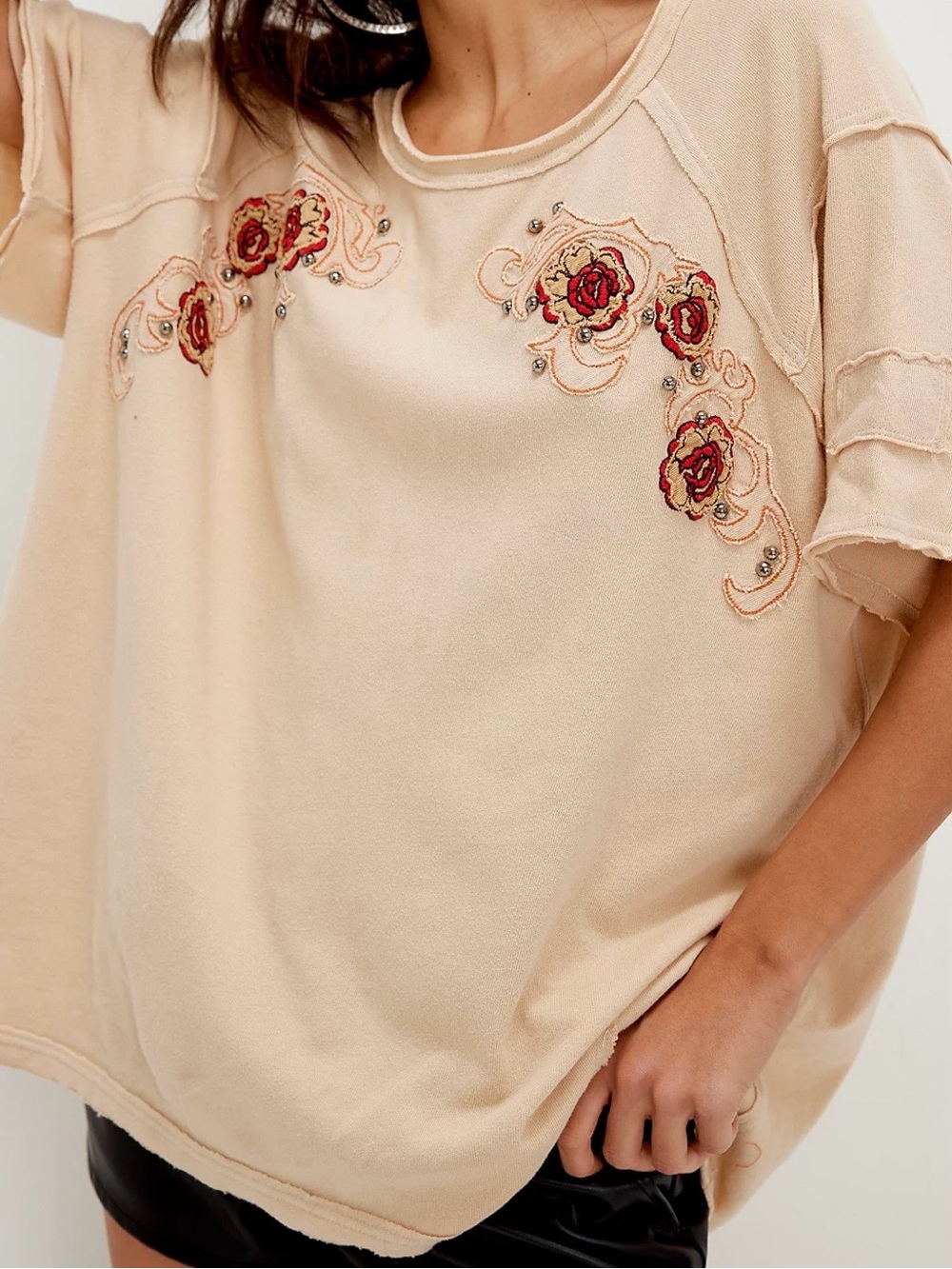 We The Free Harper Tee Studded Rose Graphic Oversized Boho Ivory Small Relaxed